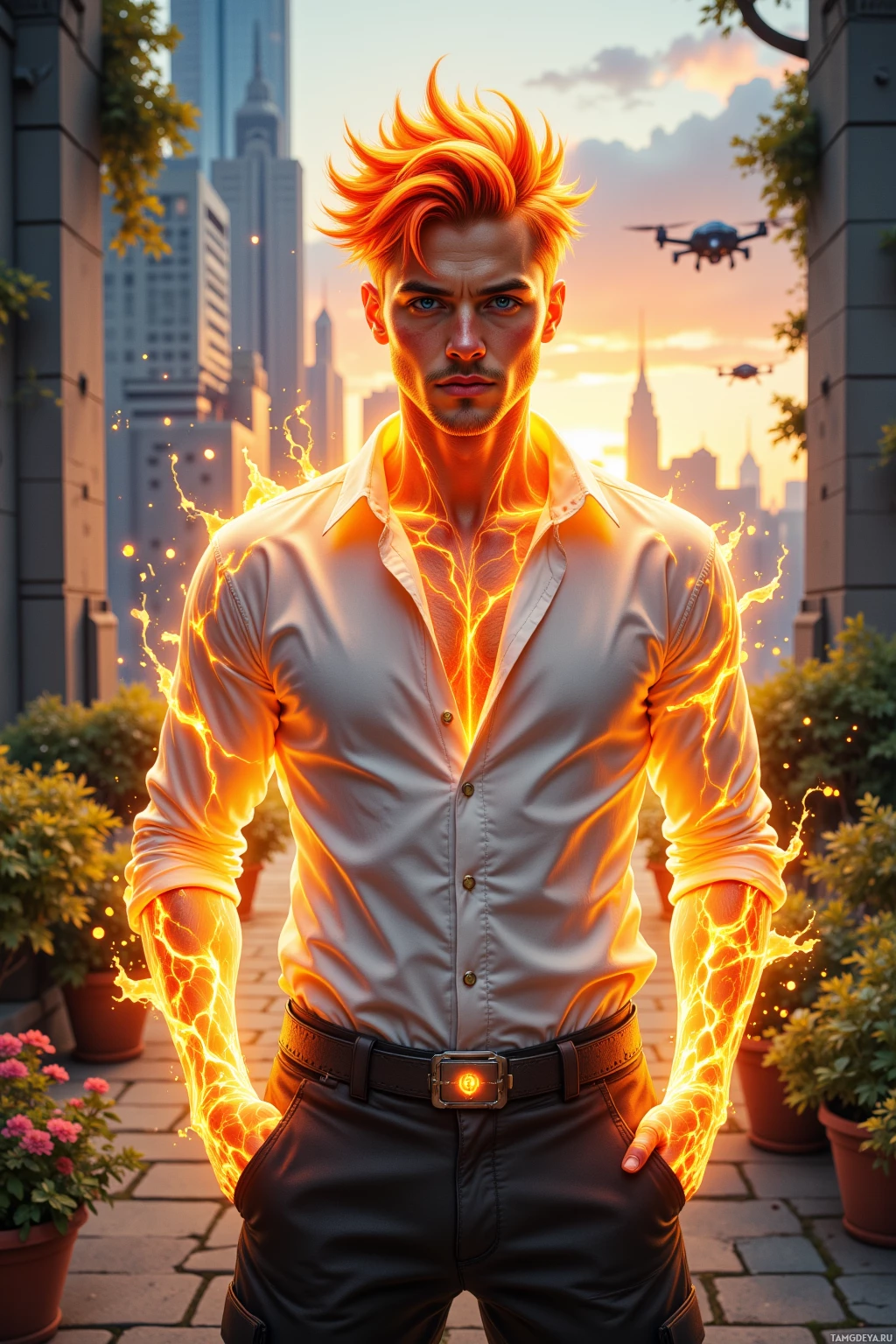 A man with fiery hair stands in an urban setting with glowing energy lines on his body.