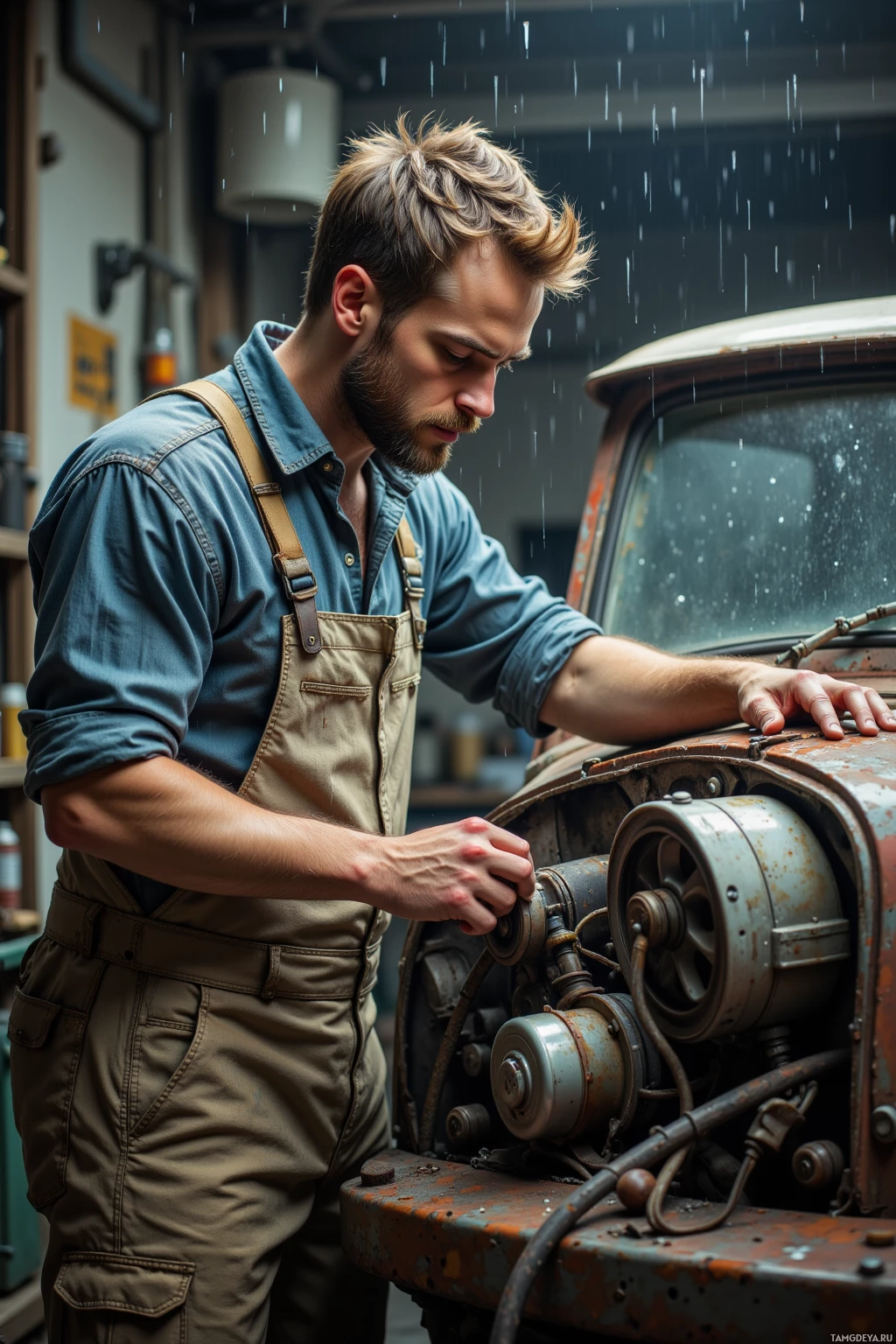 A man in overalls works on a rusted vehicle in a rainy setting.