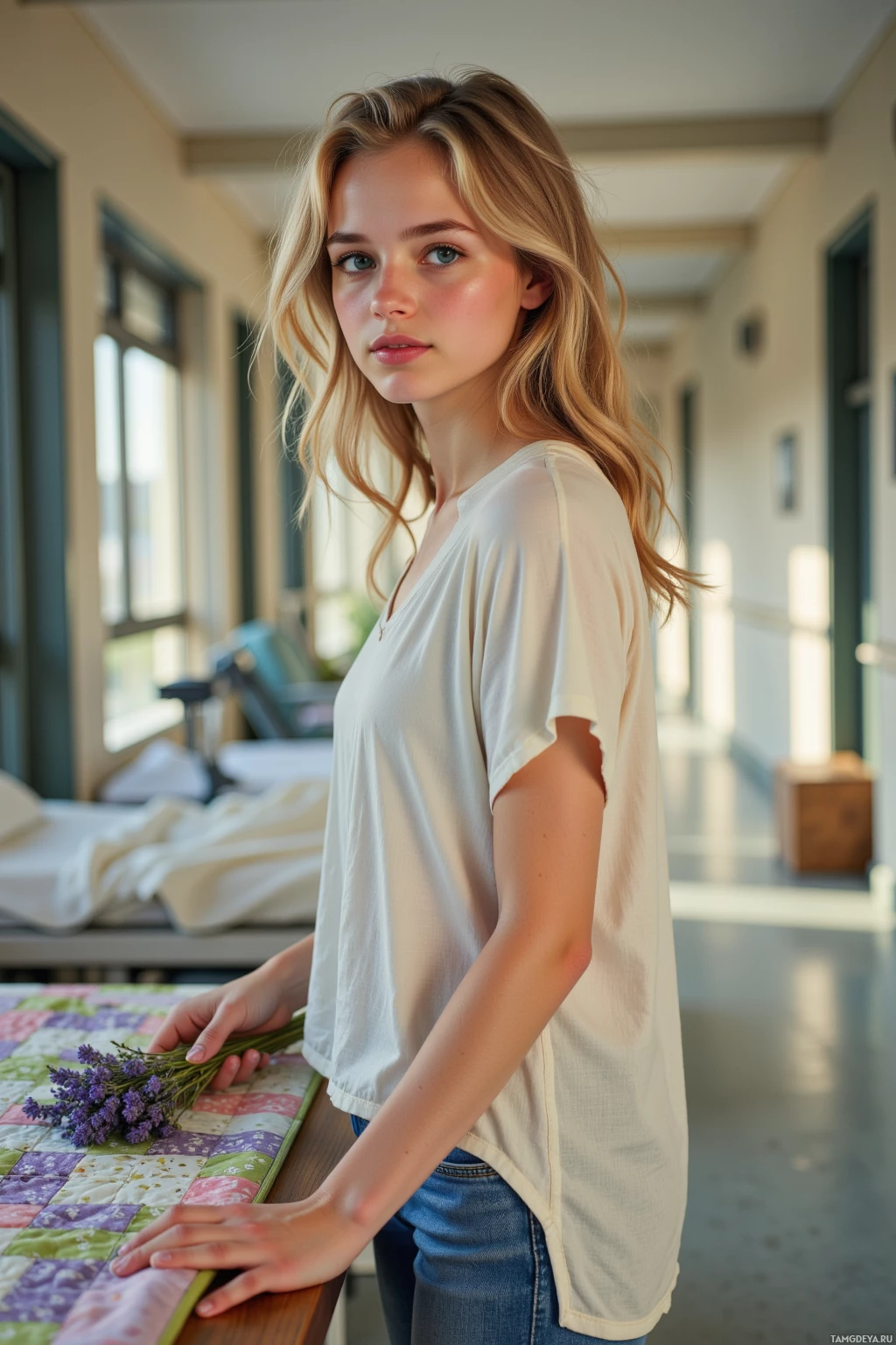 A woman in a white t-shirt and jeans stands indoors, holding a bouquet of lavender.