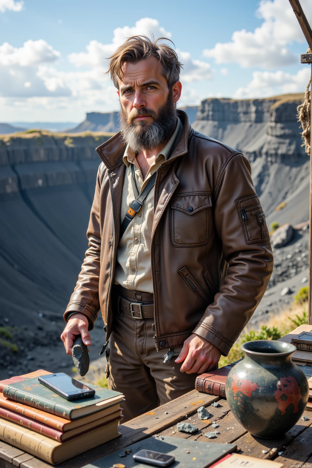 A man in a brown leather jacket stands outdoors with a rugged landscape in the background, holding a rock.