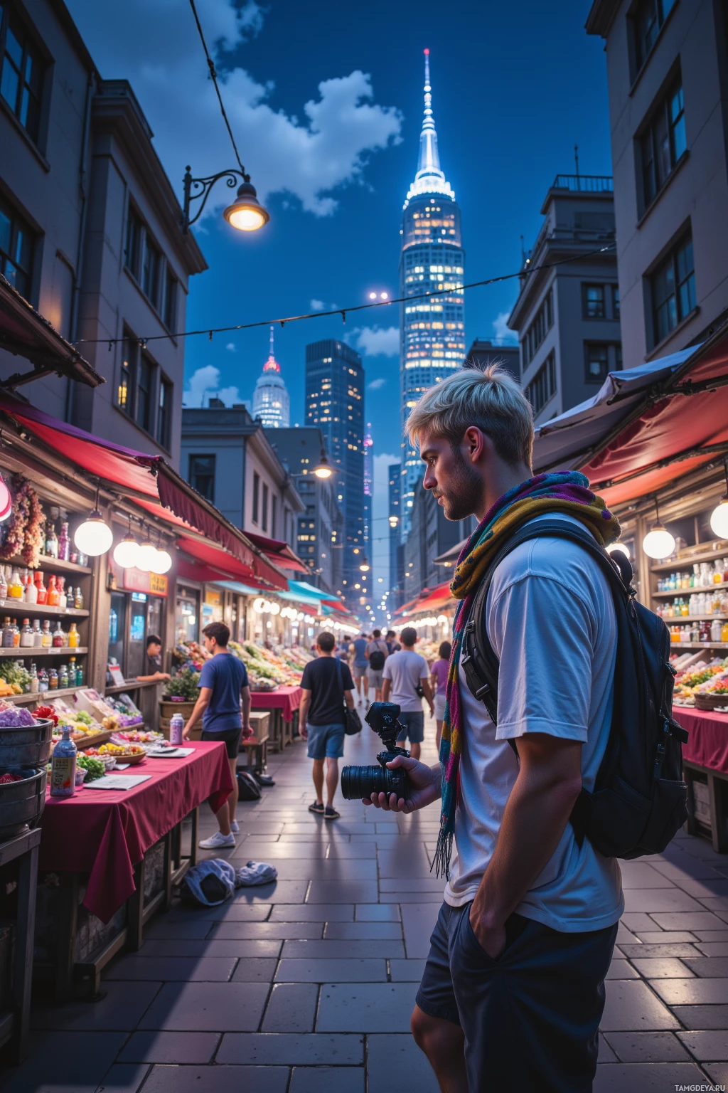 A person walks through a bustling market street at dusk, with illuminated buildings and a tall skyscraper in the background.
