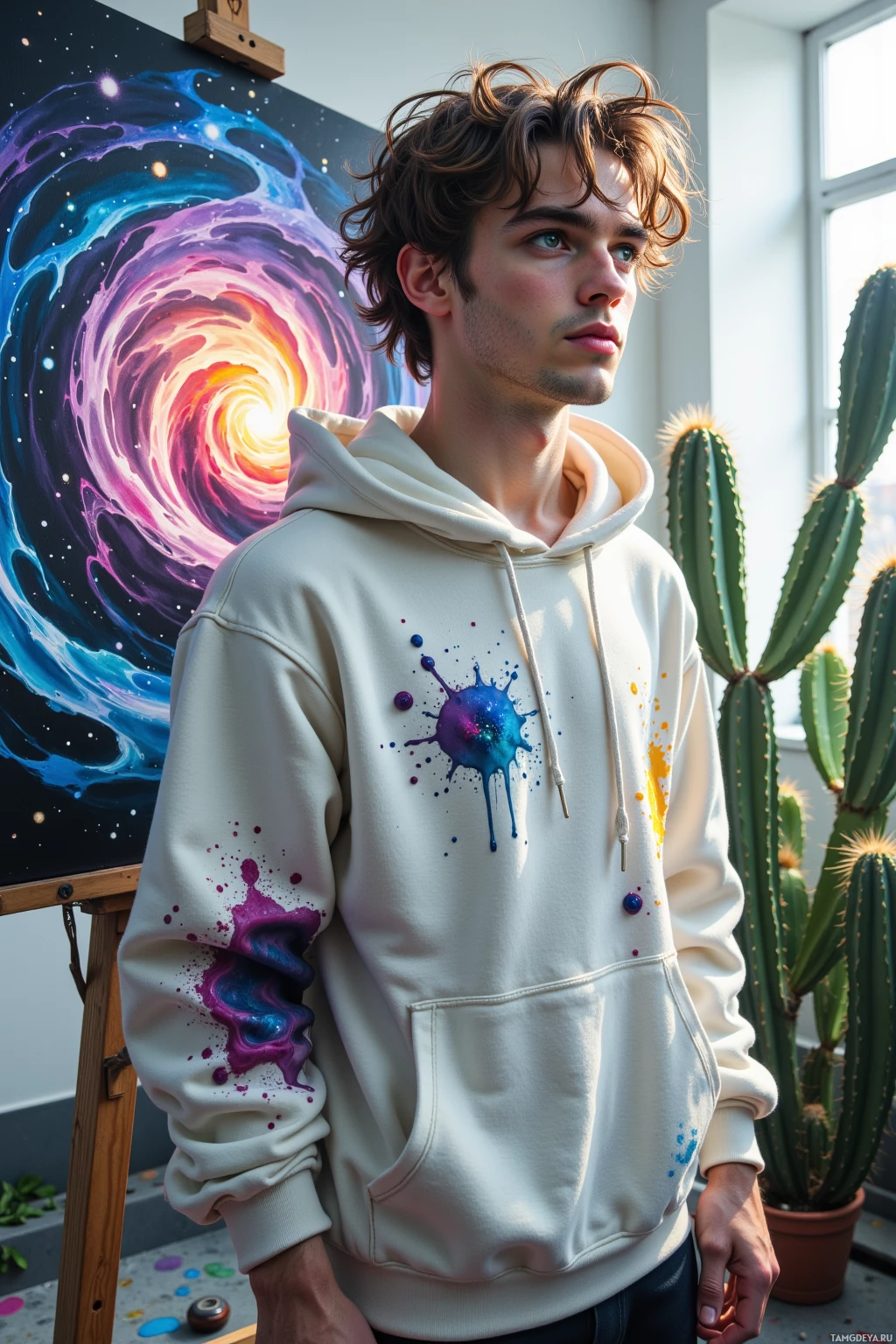 A person wearing a white hoodie with colorful paint splatters stands in front of a vibrant cosmic painting and a cactus.