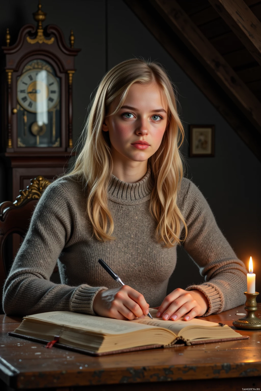 A young woman sits at a desk, writing in a book with a candle nearby.