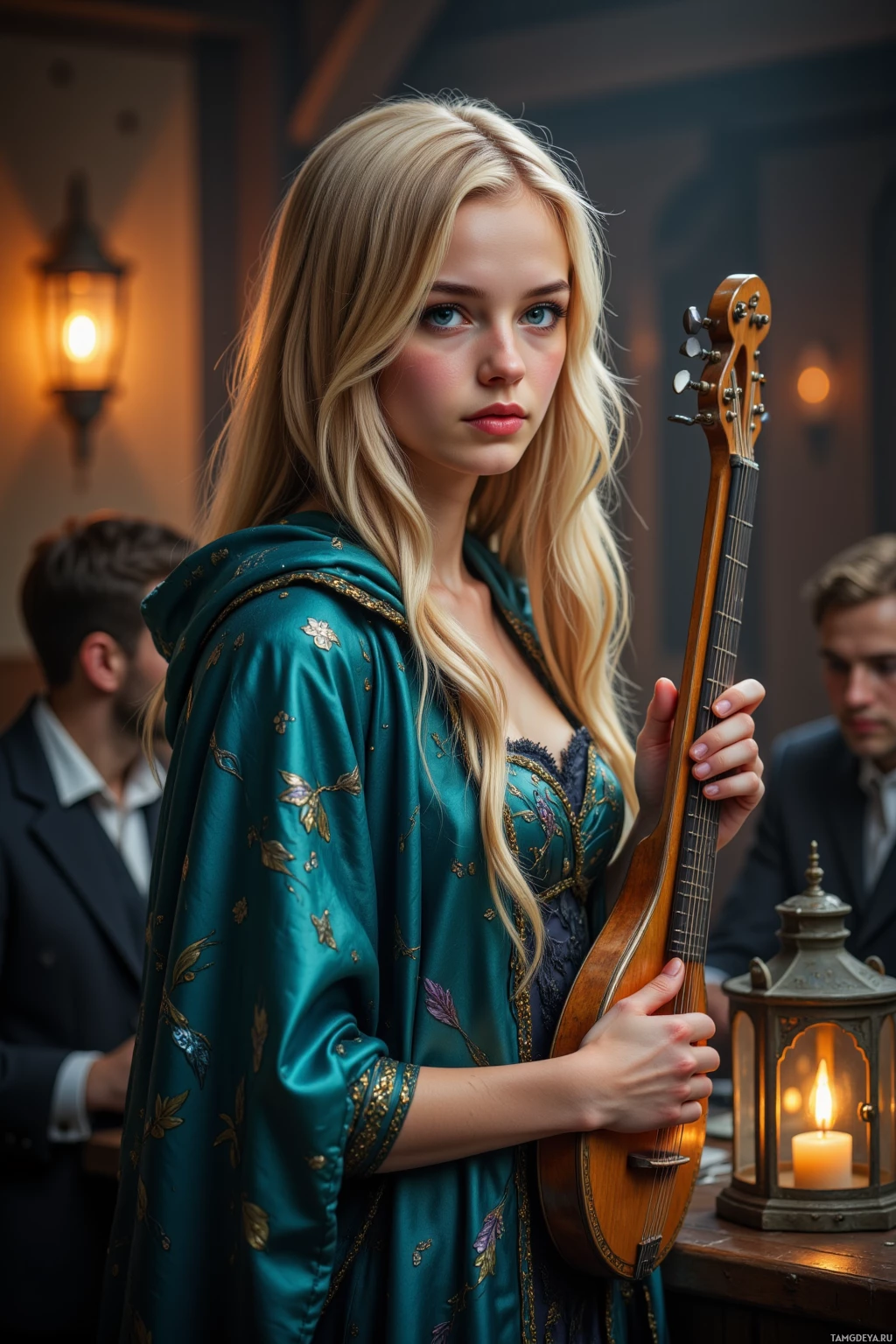 A woman in a teal robe holds a guitar in a warmly lit room.