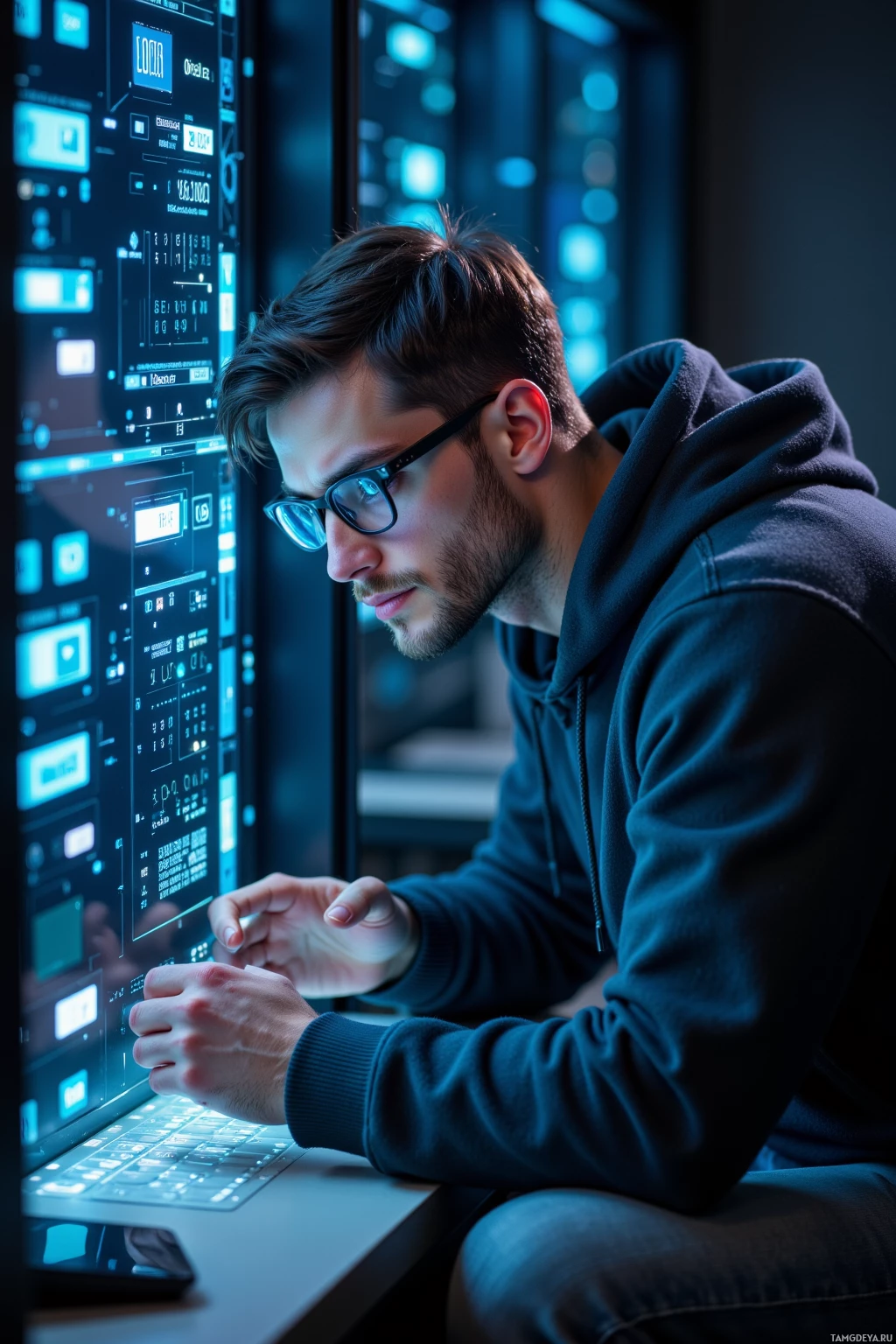 A person wearing glasses and a hoodie is working on a laptop with a futuristic interface in the background.