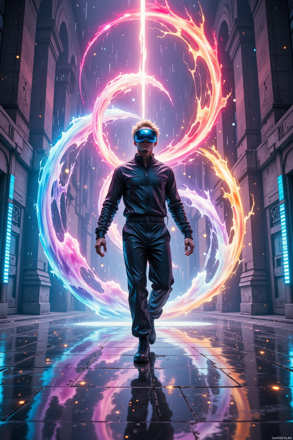 A person in a futuristic outfit walks through a city street with glowing, swirling energy rings above their head.