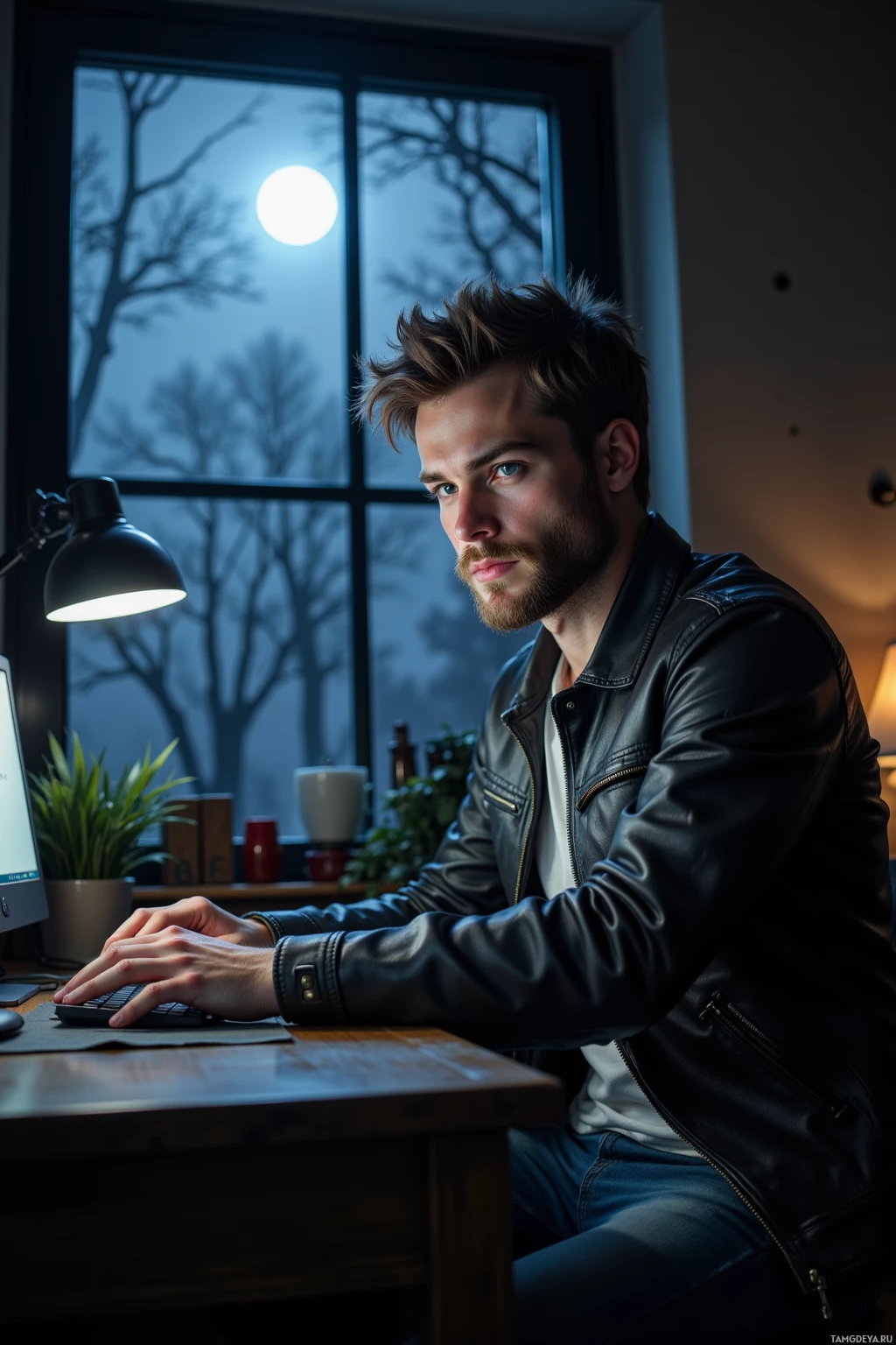 A man in a leather jacket sits at a desk, typing on a keyboard, with a window showing a night scene in the background.