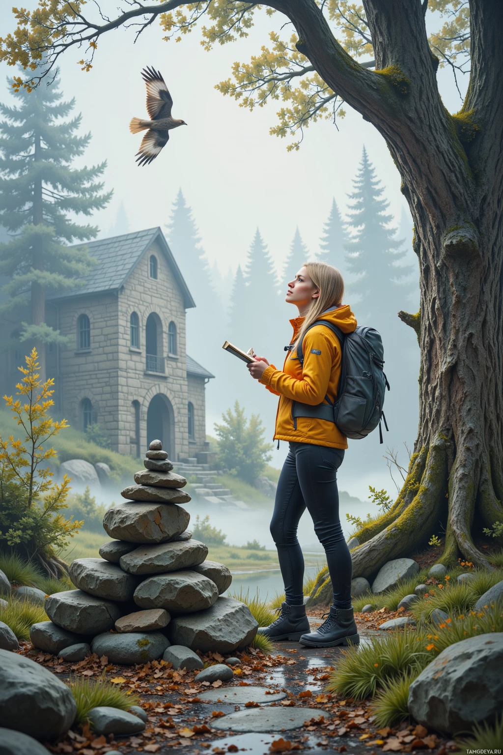 A person stands in a serene forest setting, holding a book, with a stone house and a hawk in the background.