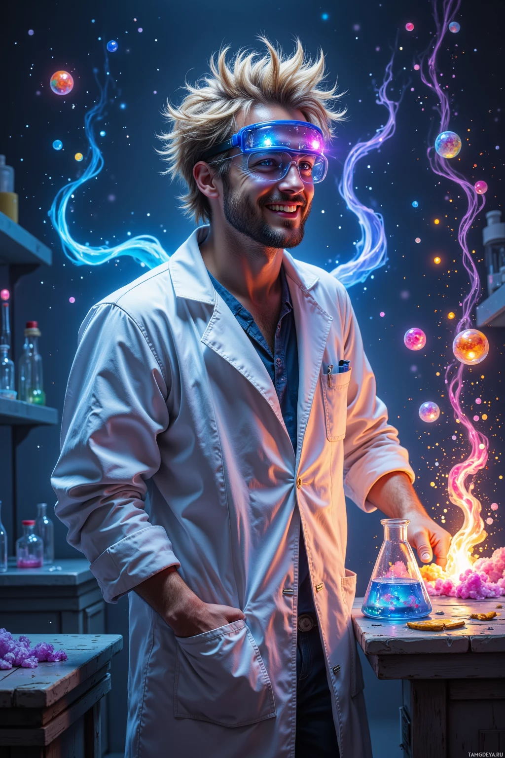 A scientist in a lab coat and glowing goggles stands in a laboratory with colorful, magical effects surrounding them.
