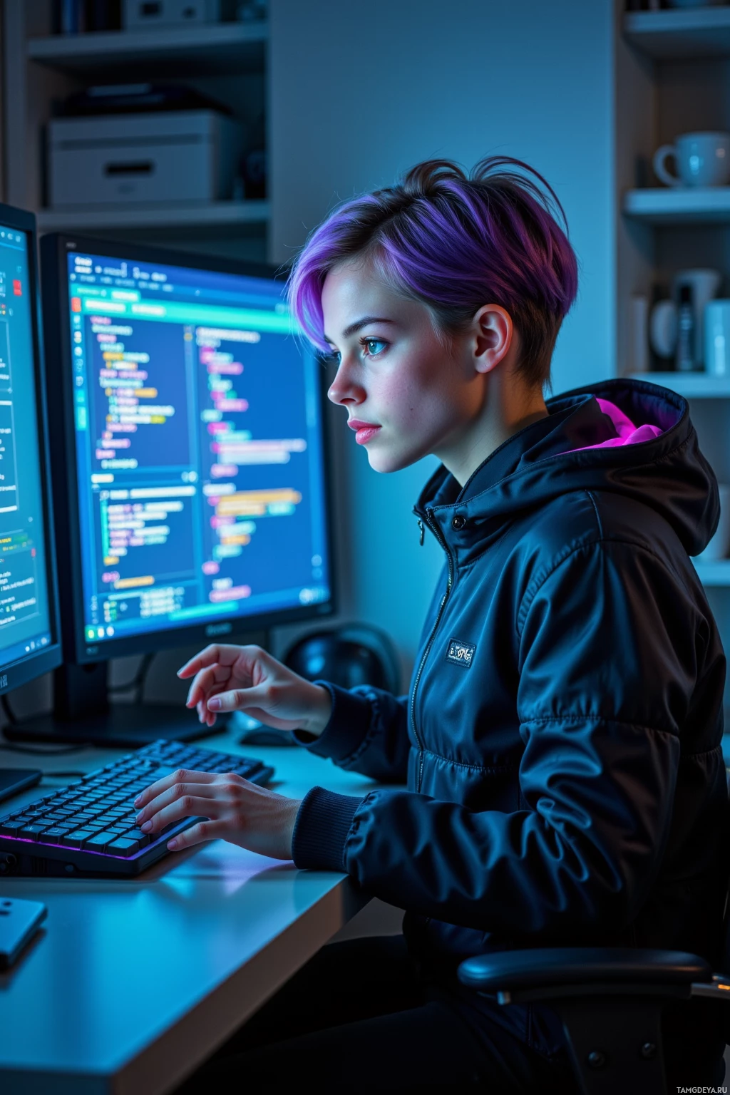 A person with purple hair is working at a computer in a dimly lit room.