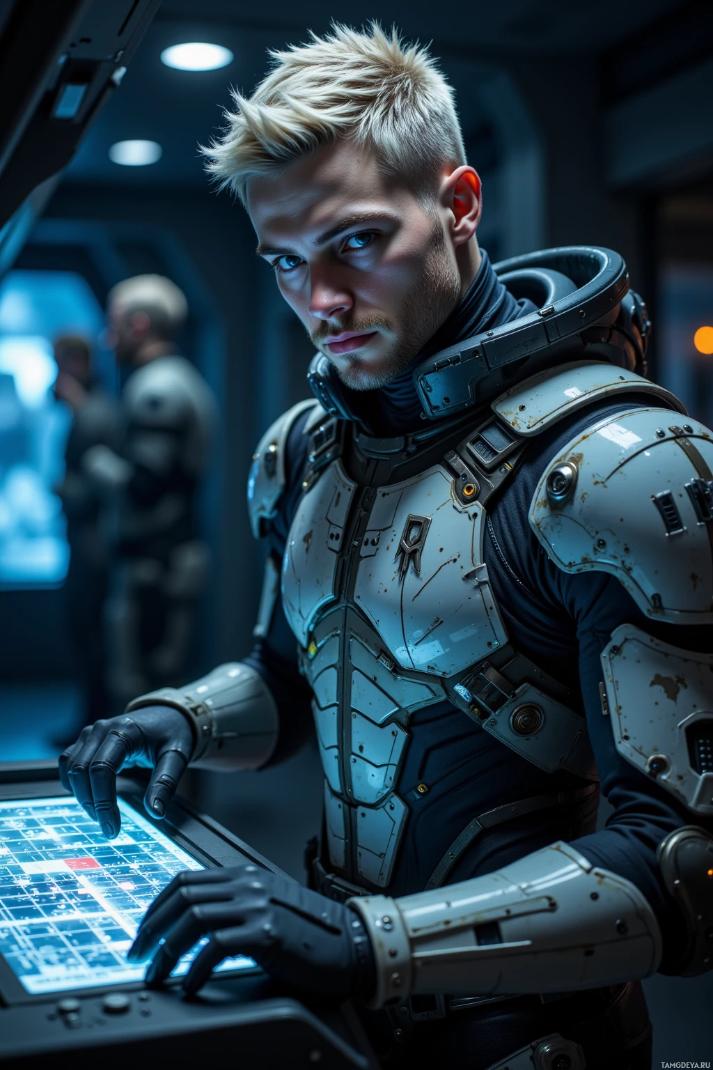 A person in futuristic armor operates a high-tech control panel.