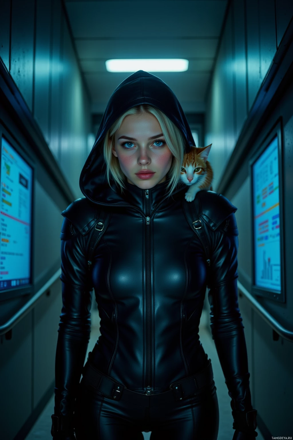 A person in a black leather outfit with a cat on their shoulder stands in a dimly lit corridor.