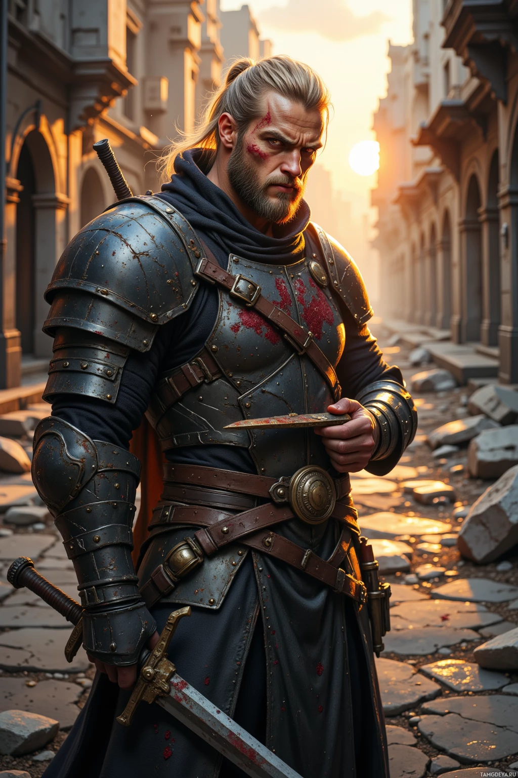 A warrior in armor stands in a sunlit alleyway, holding a sword with blood on it.