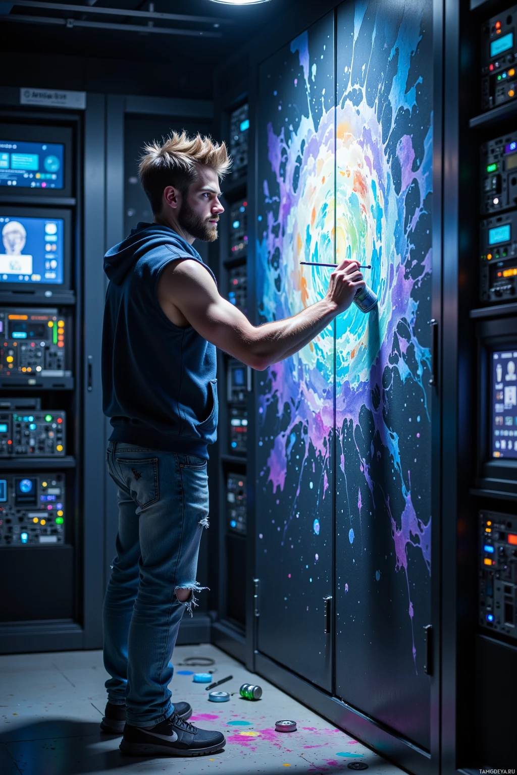 A man in a hoodie and jeans is painting a colorful abstract design on a wall in a room with electronic equipment.
