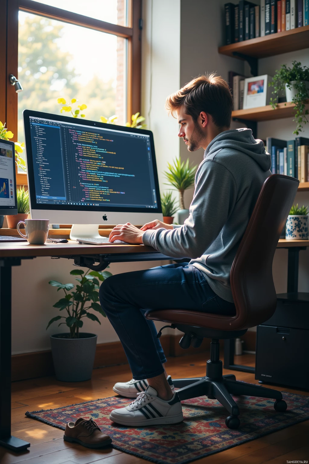 A person is sitting at a desk working on a computer with a code editor displayed on the screen.