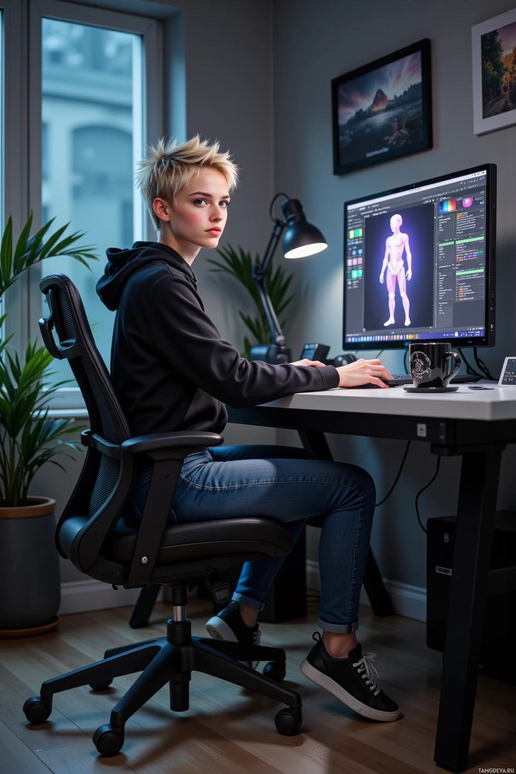 A person sits at a desk in a dimly lit room, working on a computer with a 3D modeling software displaying a human figure.