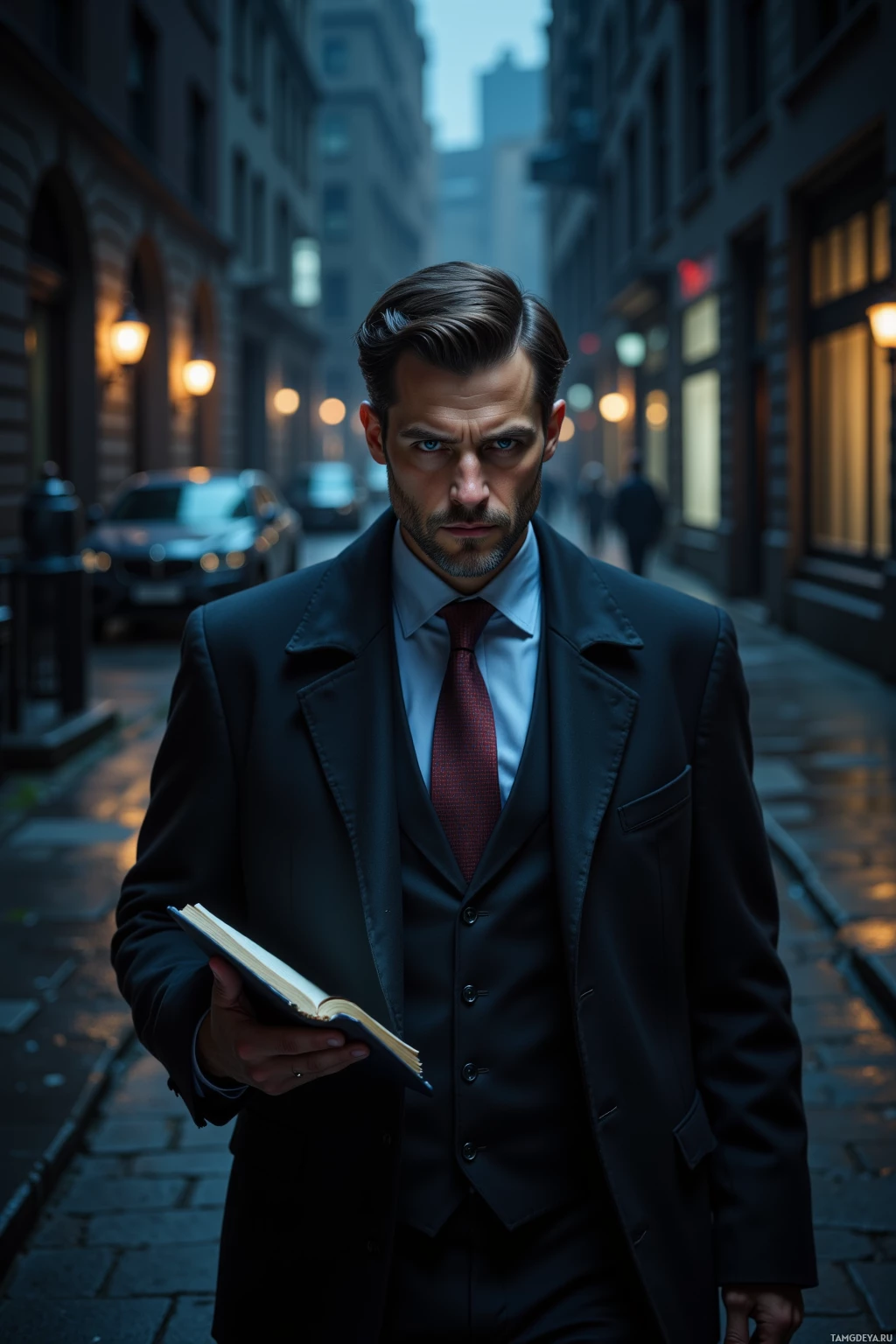 A man in a suit holds a book while standing on a dimly lit street.