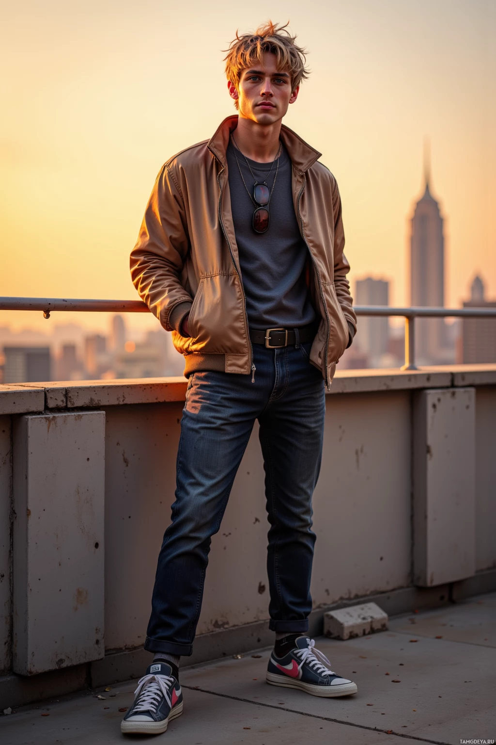 A young man stands on a rooftop at sunset, wearing a brown jacket, dark shirt, jeans, and sneakers.