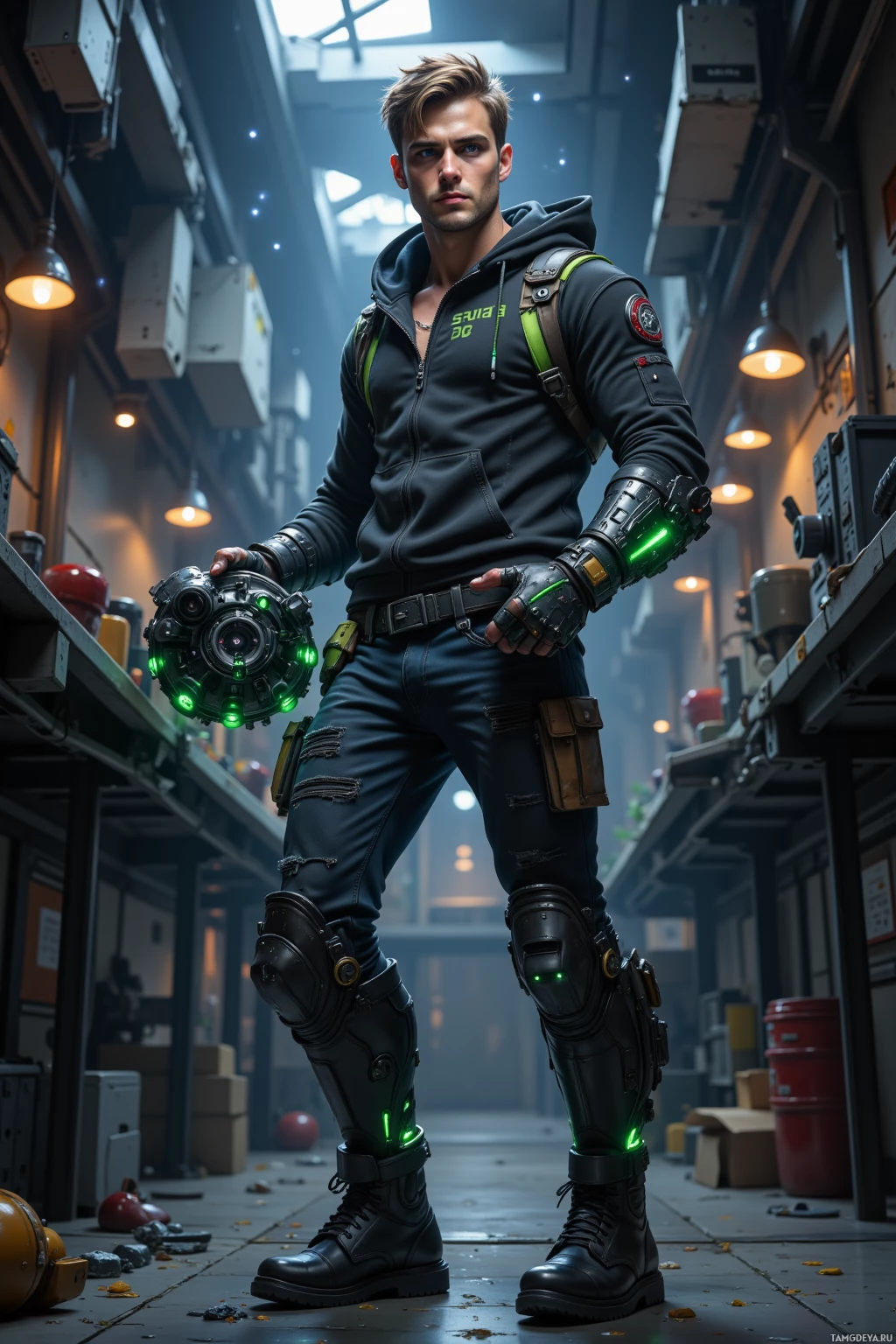 A person in futuristic attire stands in a dimly lit industrial setting, holding a glowing device.