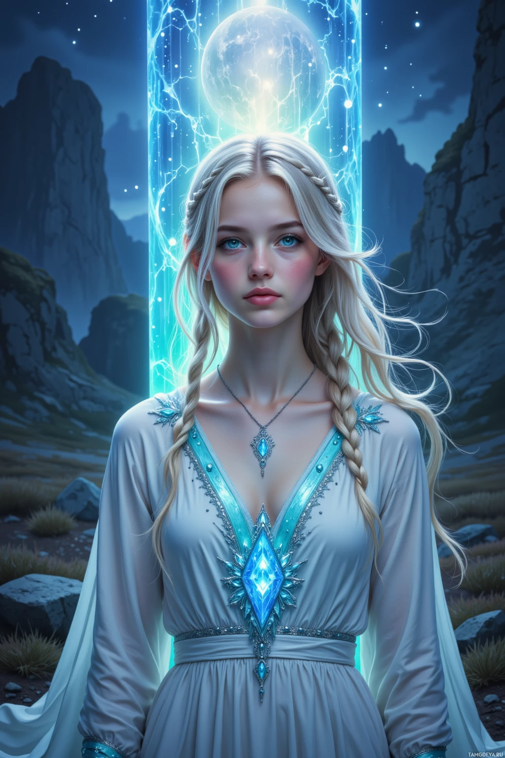 A woman with long braided hair stands in a mystical landscape, illuminated by a glowing blue portal.