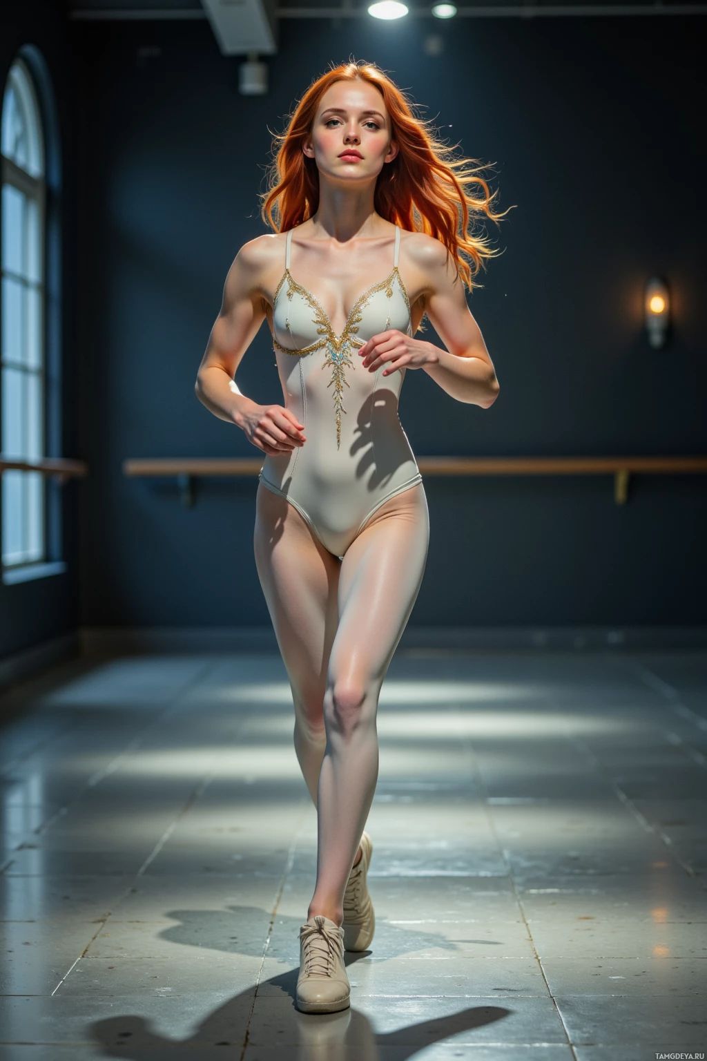 A woman in a white bodysuit with gold accents walks confidently in a dance studio.