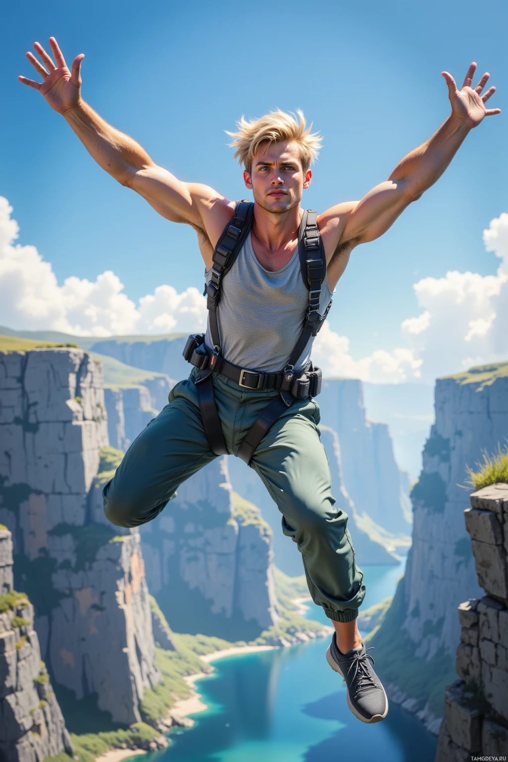 A man in a harness jumps mid-air against a backdrop of a scenic canyon and lake.