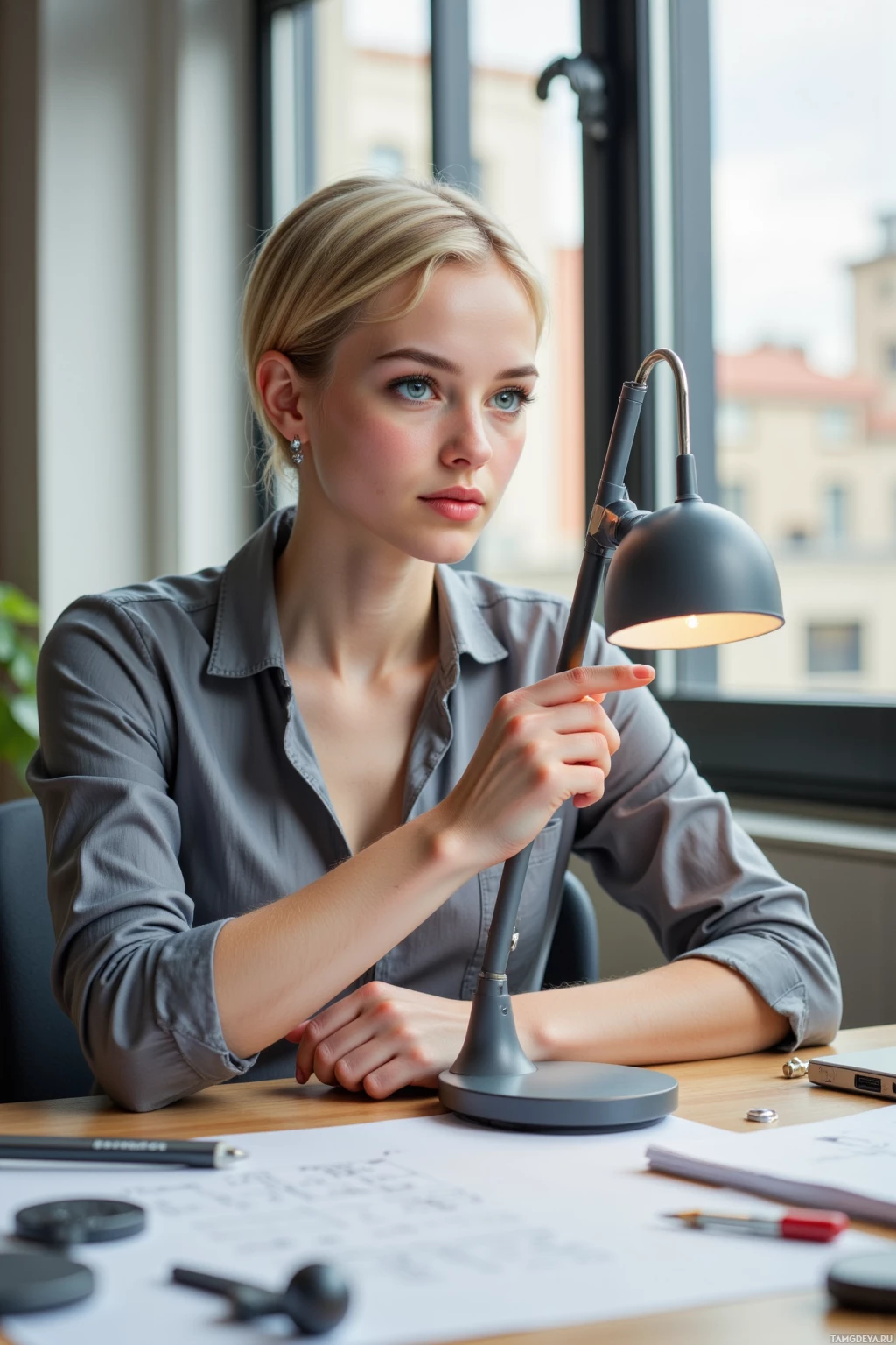 A woman sits at a desk with a lamp, looking thoughtful.