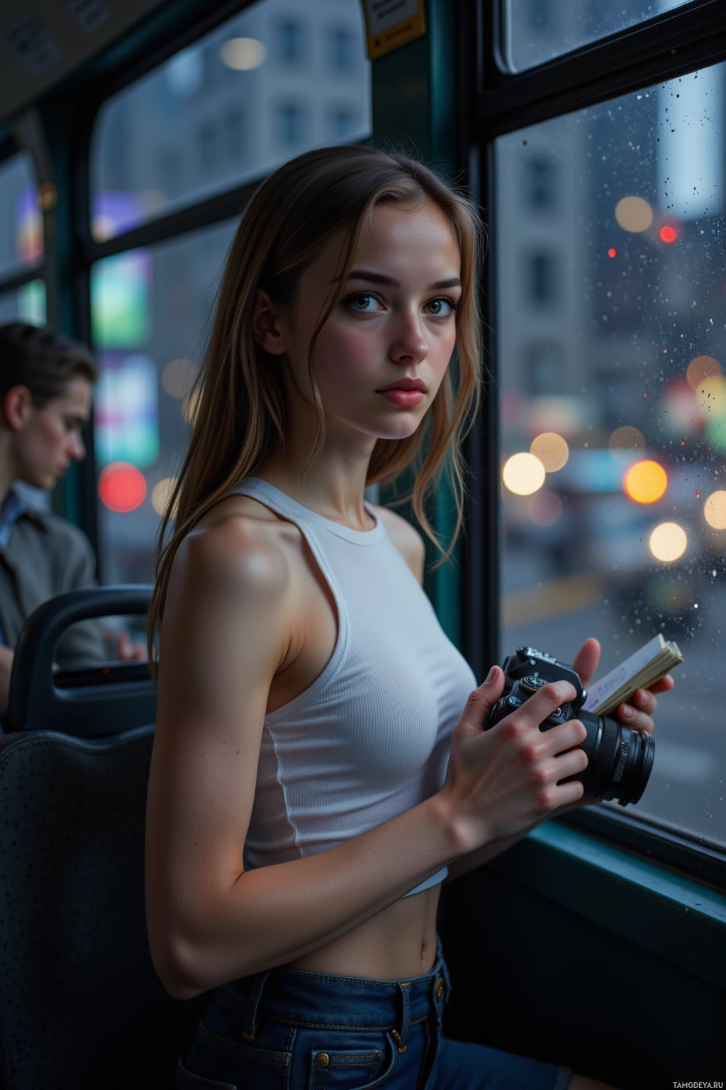 A young woman in a white tank top and jeans holds a camera while sitting on a bus.