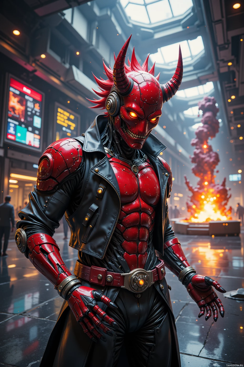 A cybernetic figure with red horns and glowing eyes stands in a futuristic setting with a large explosion in the background.