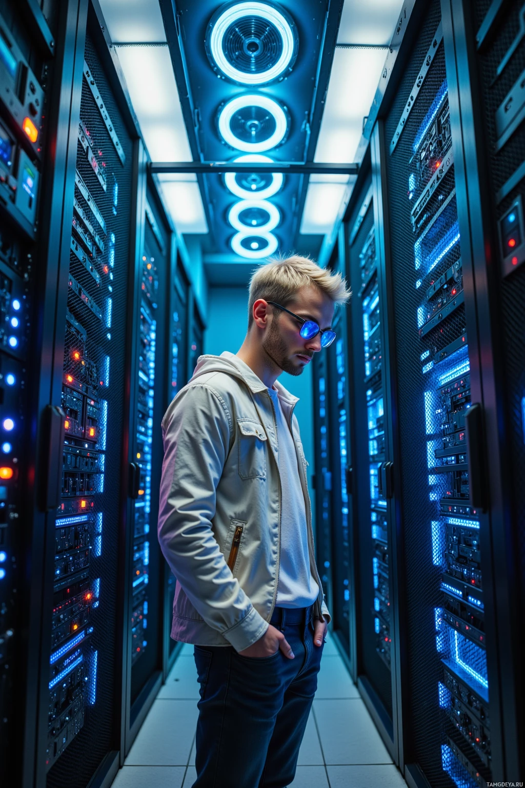 A person stands in a server room with illuminated blue lights.