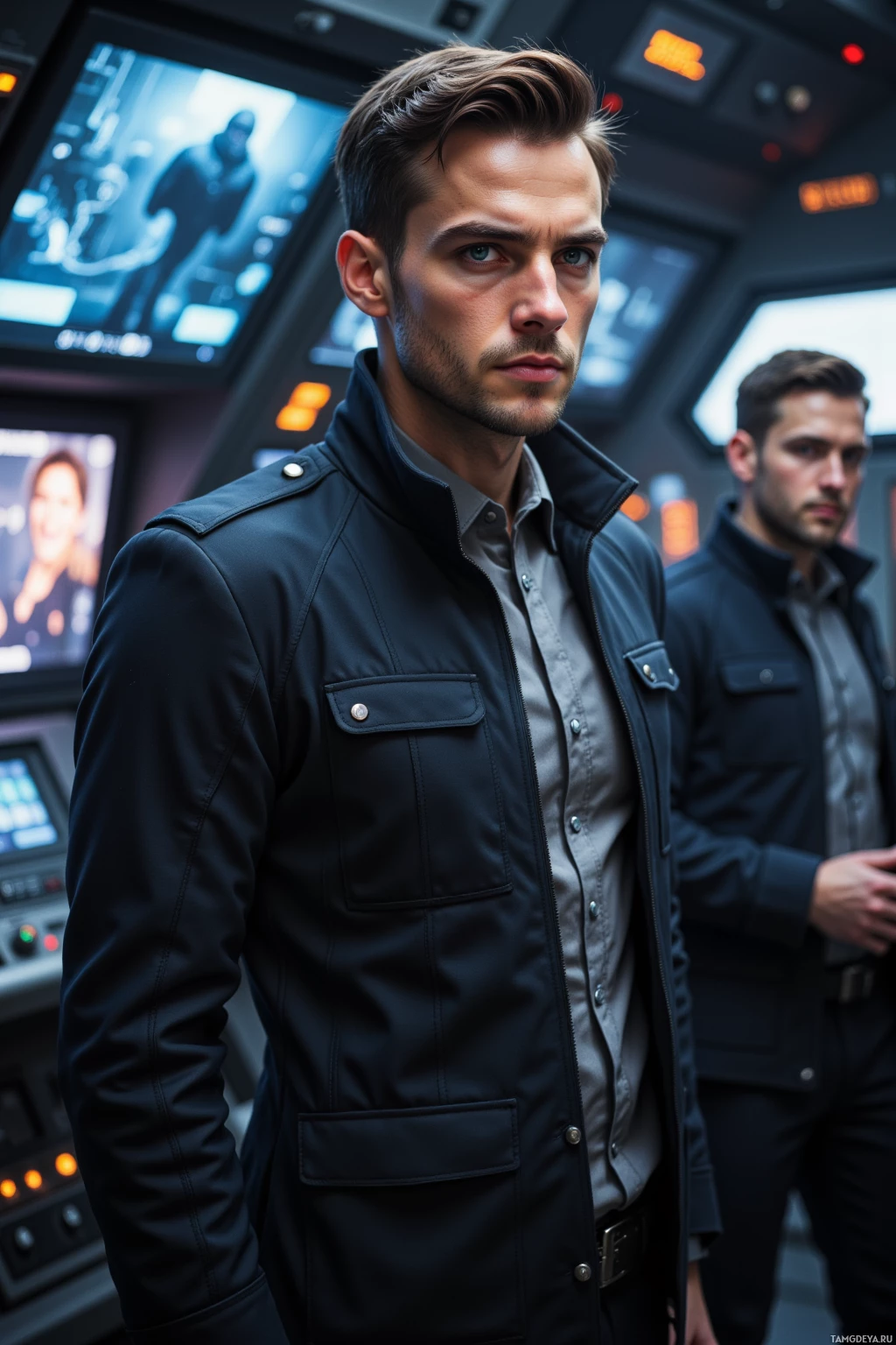 Two men in a futuristic control room with monitors and illuminated panels.