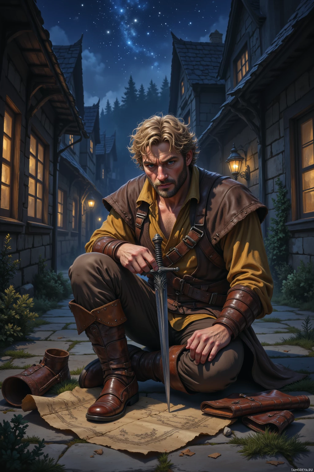 A man in medieval attire kneels on a cobblestone street, holding a sword, with a map and leather goods beside him.