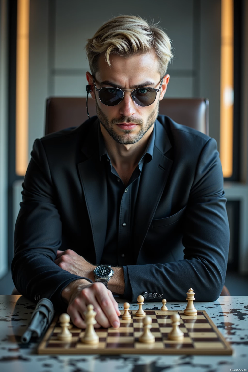 A man in a suit and sunglasses sits at a chessboard, appearing focused.