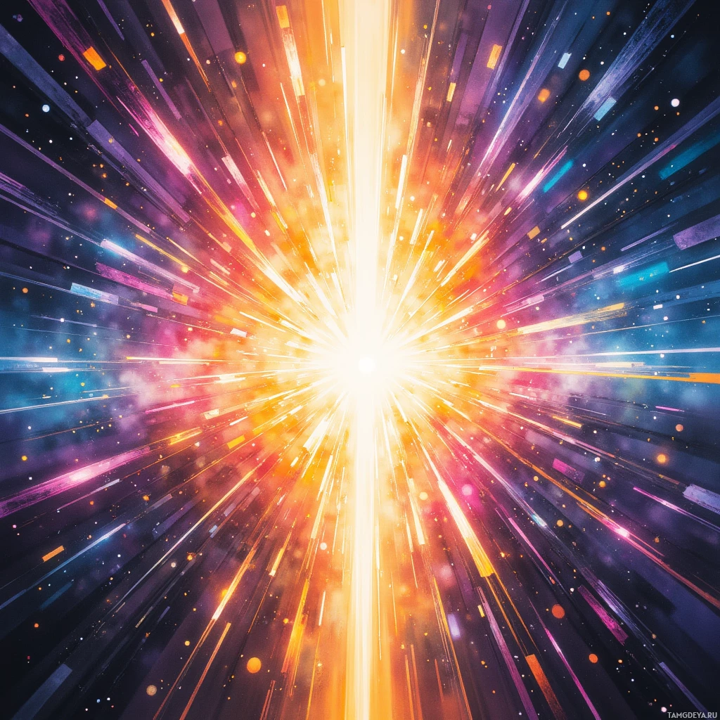 A vibrant, abstract burst of light with streaks and particles radiating outward.