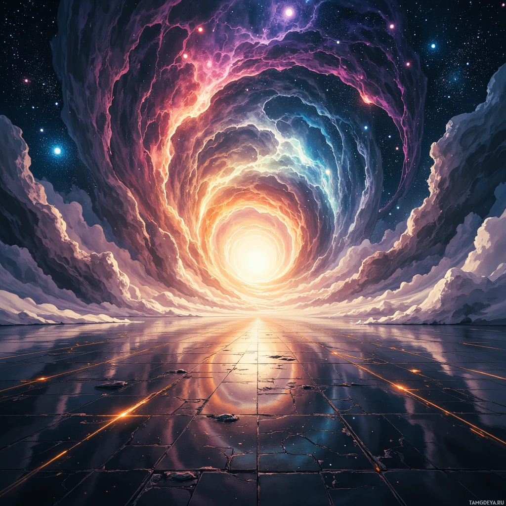 A cosmic tunnel with vibrant colors and a glowing center, set against a starry sky.