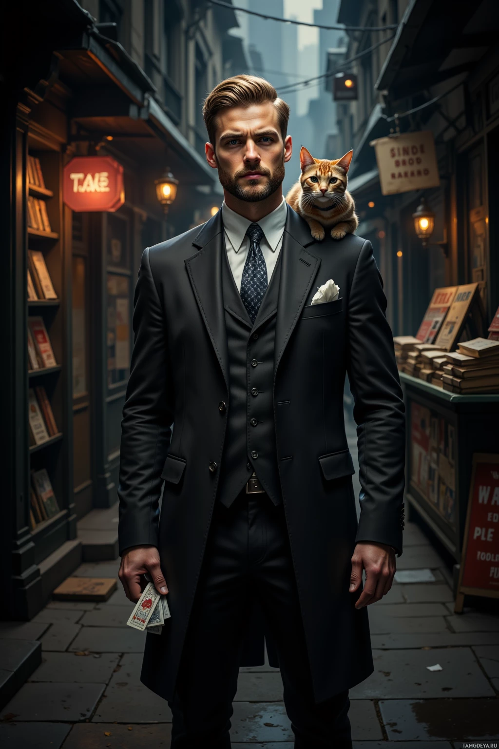 A man in a suit stands in an alleyway, holding a deck of cards, with a cat perched on his shoulder.