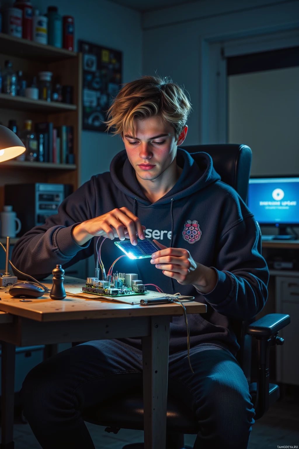 A person in a hoodie works on a circuit board in a dimly lit room.