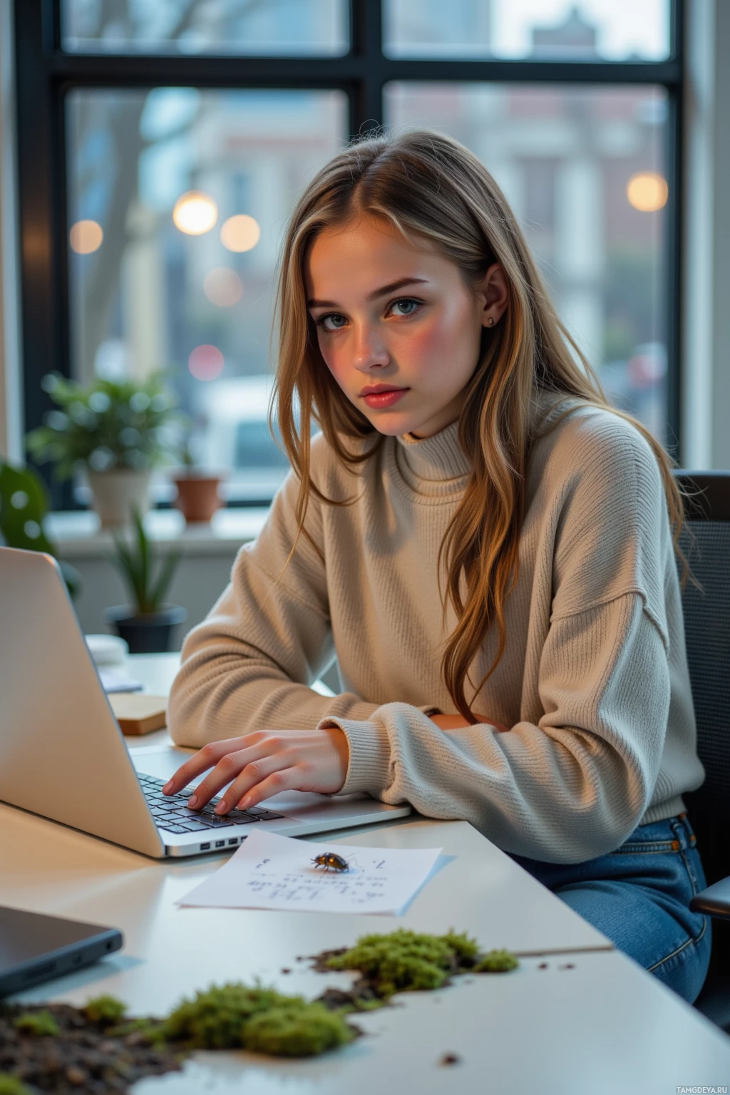 A person is sitting at a desk with a laptop, surrounded by indoor plants and a window view.