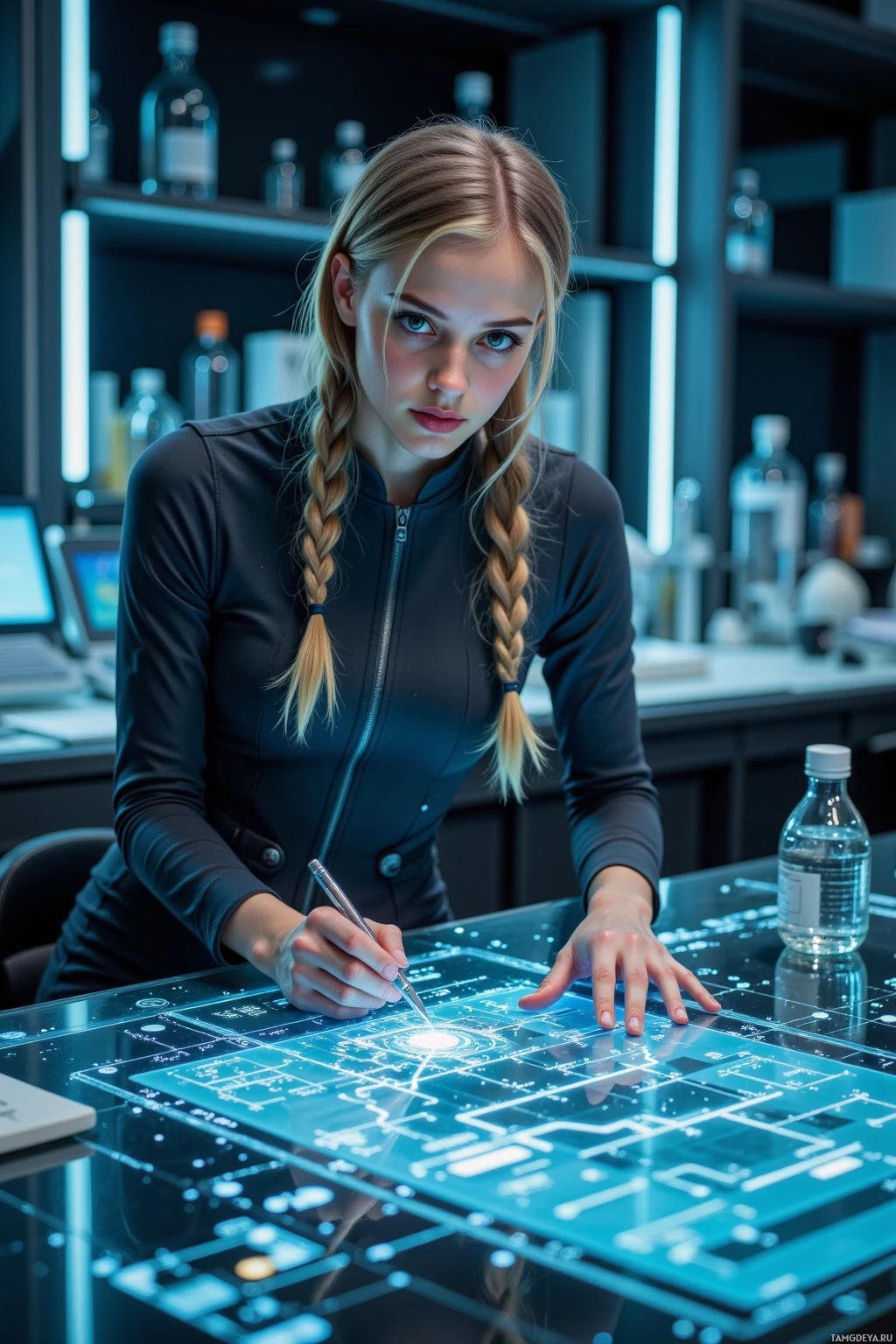 A person in a lab setting interacts with a futuristic, illuminated table displaying complex data.