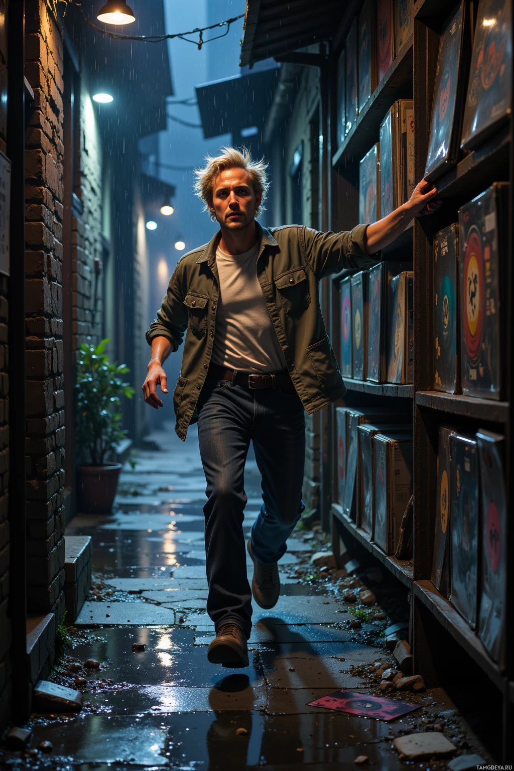 A man walks through a rainy alleyway, reaching for a record on a shelf.