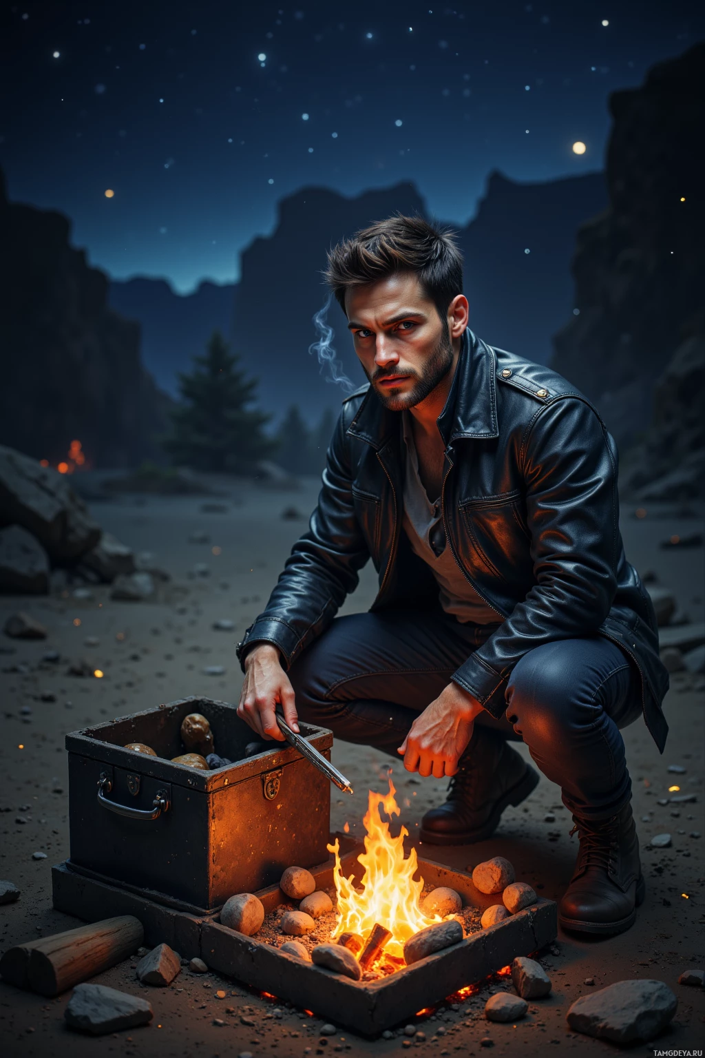 A man in a leather jacket sits beside a campfire, holding a metal tool over a chest.