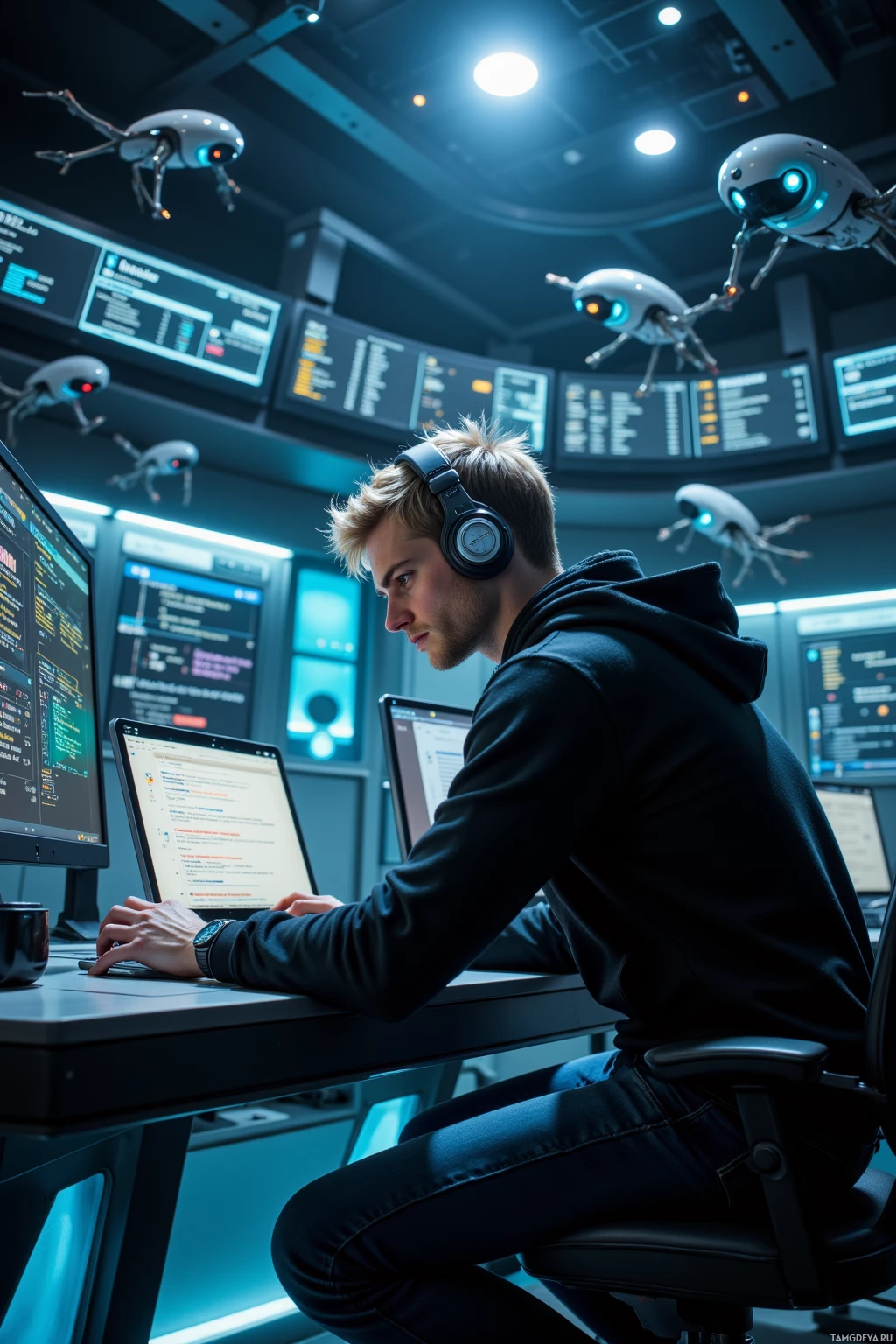 A person wearing headphones works at a desk with multiple screens and flying drones in a futuristic control room.