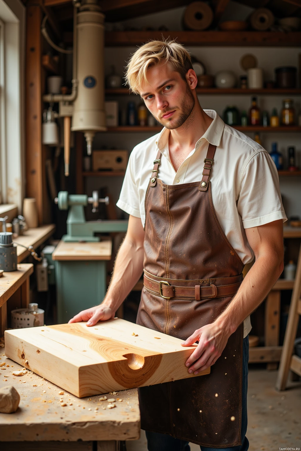 A man in a workshop wearing a leather apron holds a wooden plank.