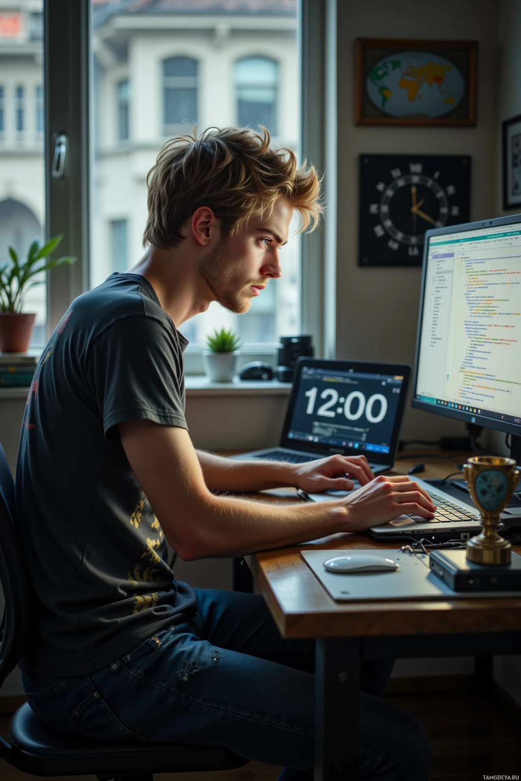 A person is working at a desk with a laptop and a monitor displaying code, in a room with a window and a clock on the wall.