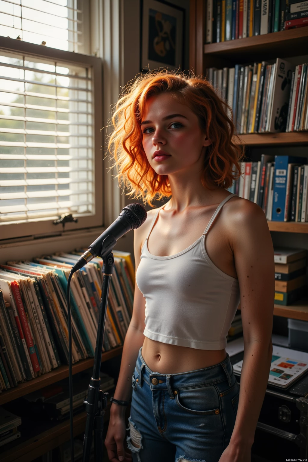 A person stands in front of a bookshelf with a microphone, wearing a white tank top and jeans.