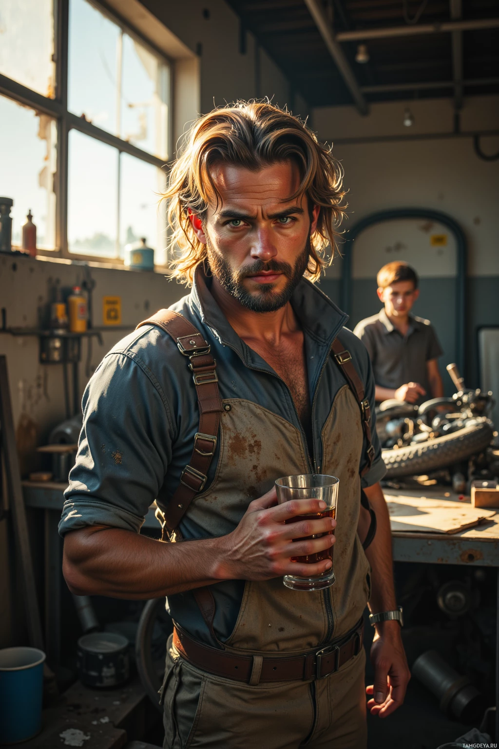 A man in a workshop holding a glass of liquid, with another person in the background.