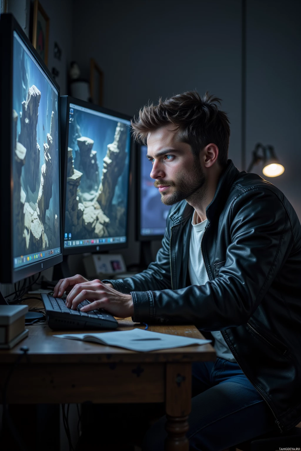A man in a leather jacket works on a computer at a desk.
