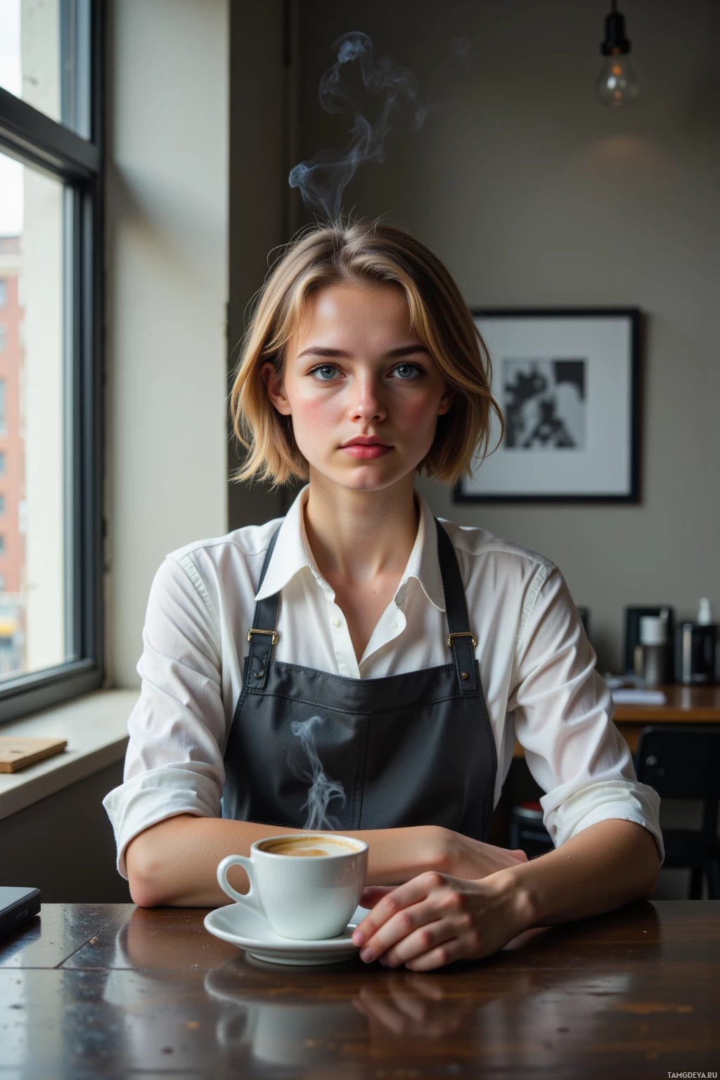 A person in a white shirt and black apron sits at a table with a steaming cup of coffee.