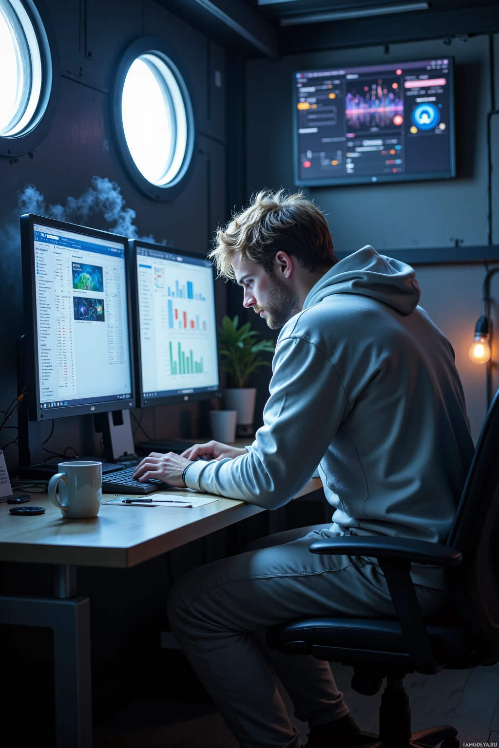 A person works at a desk with two computer monitors displaying data and graphs.