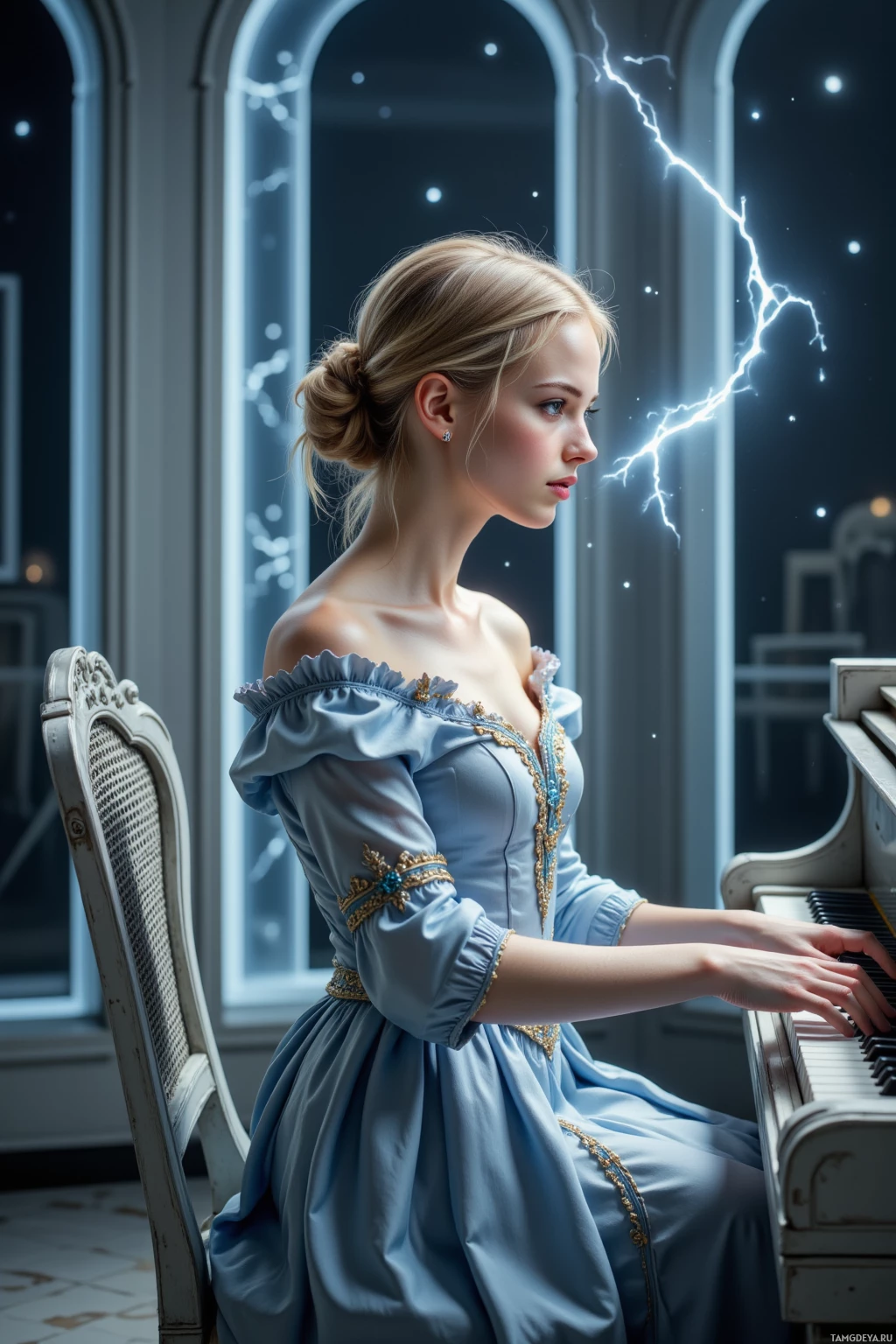 A woman in a blue dress plays a piano in a room with arched windows.